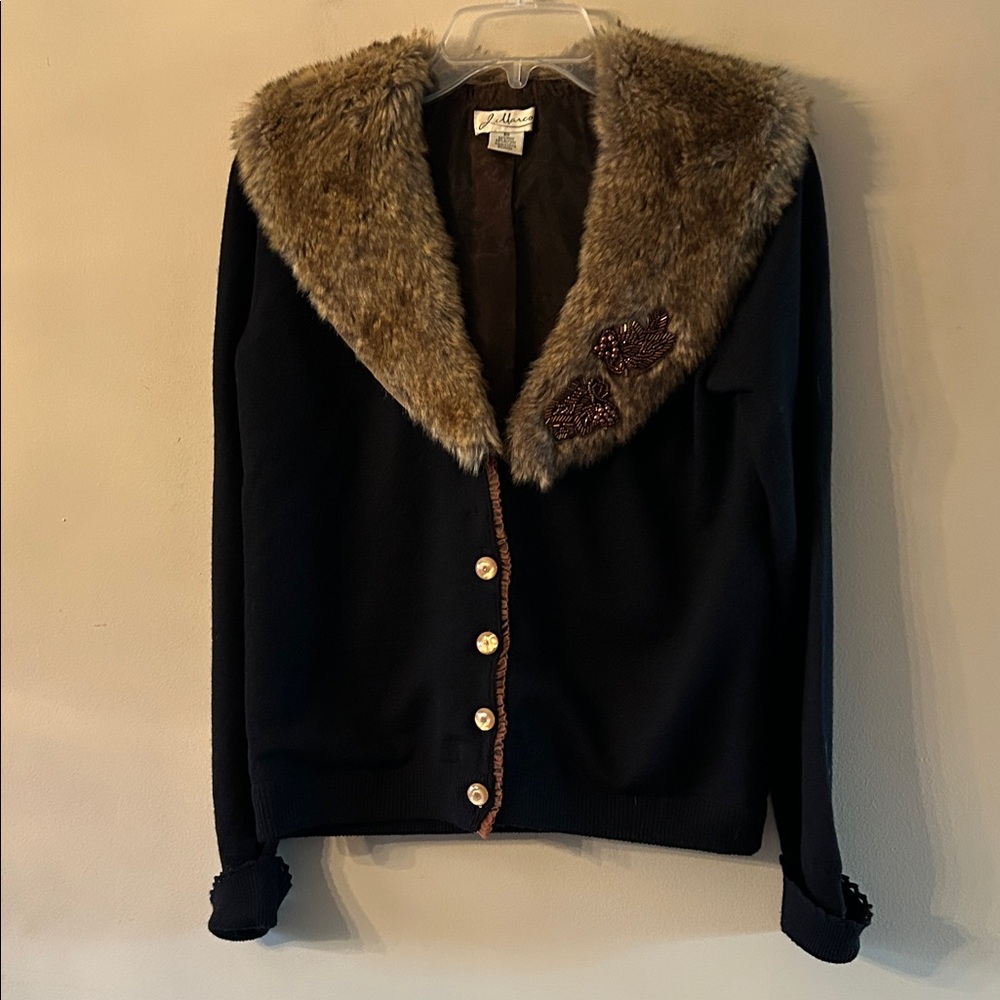J Marco Vintage Cardigan with Faux Fur Collar & Bugle Bead Embellishment- Size S